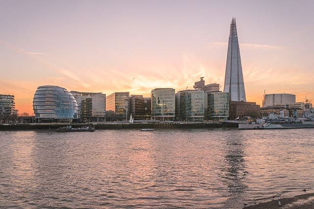 Negative Interest Rates | Image of a London Skyline including The Shard and river Thames as the sun goes down