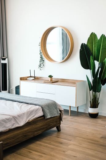 Modern bedroom with a wooden floor and a large plant for decoration