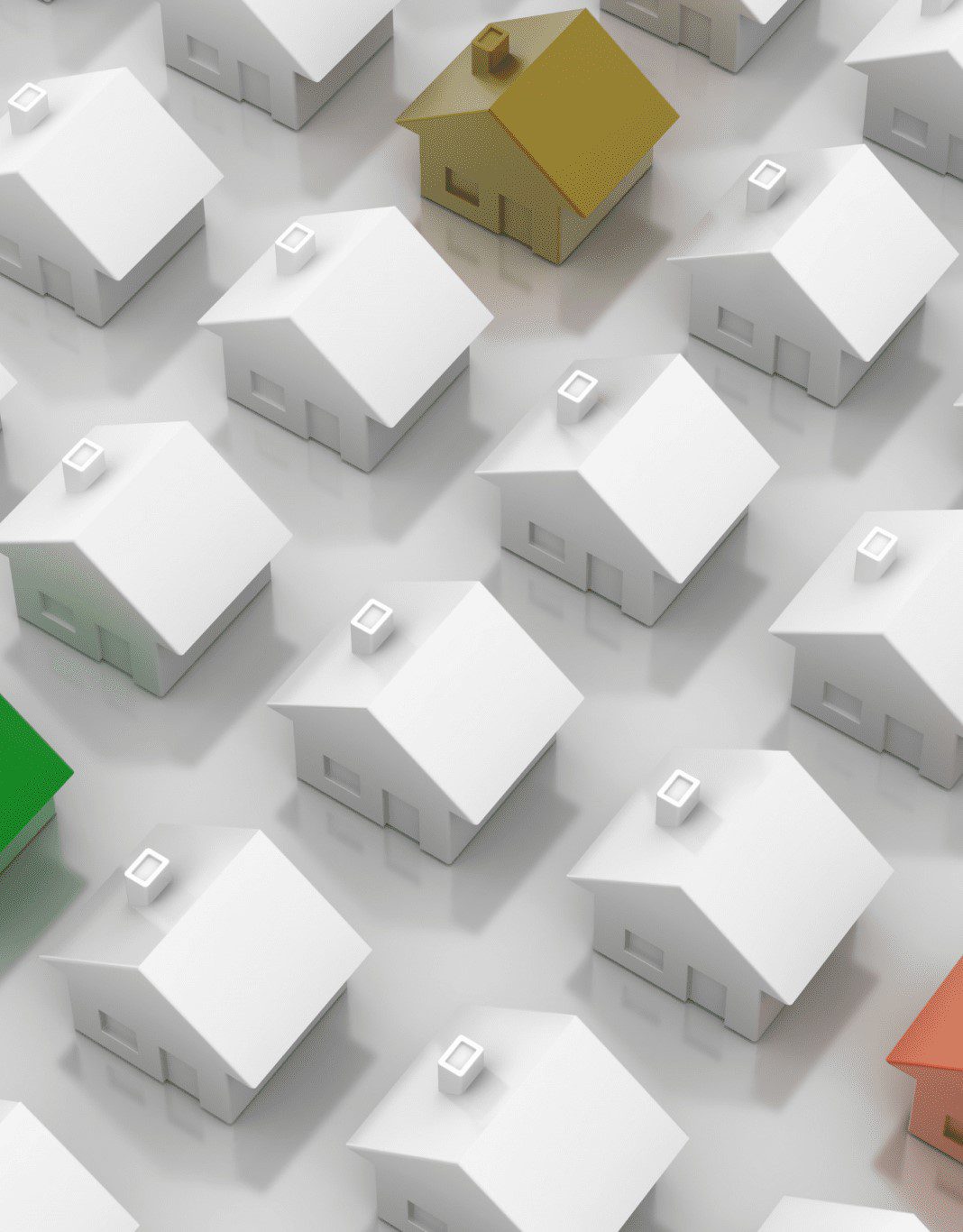 Graphic of a row of small white houses, with some being other colours